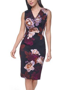 Calvin Klein Black Floral Vneck Scuba Knit Sheath Dress Size 2